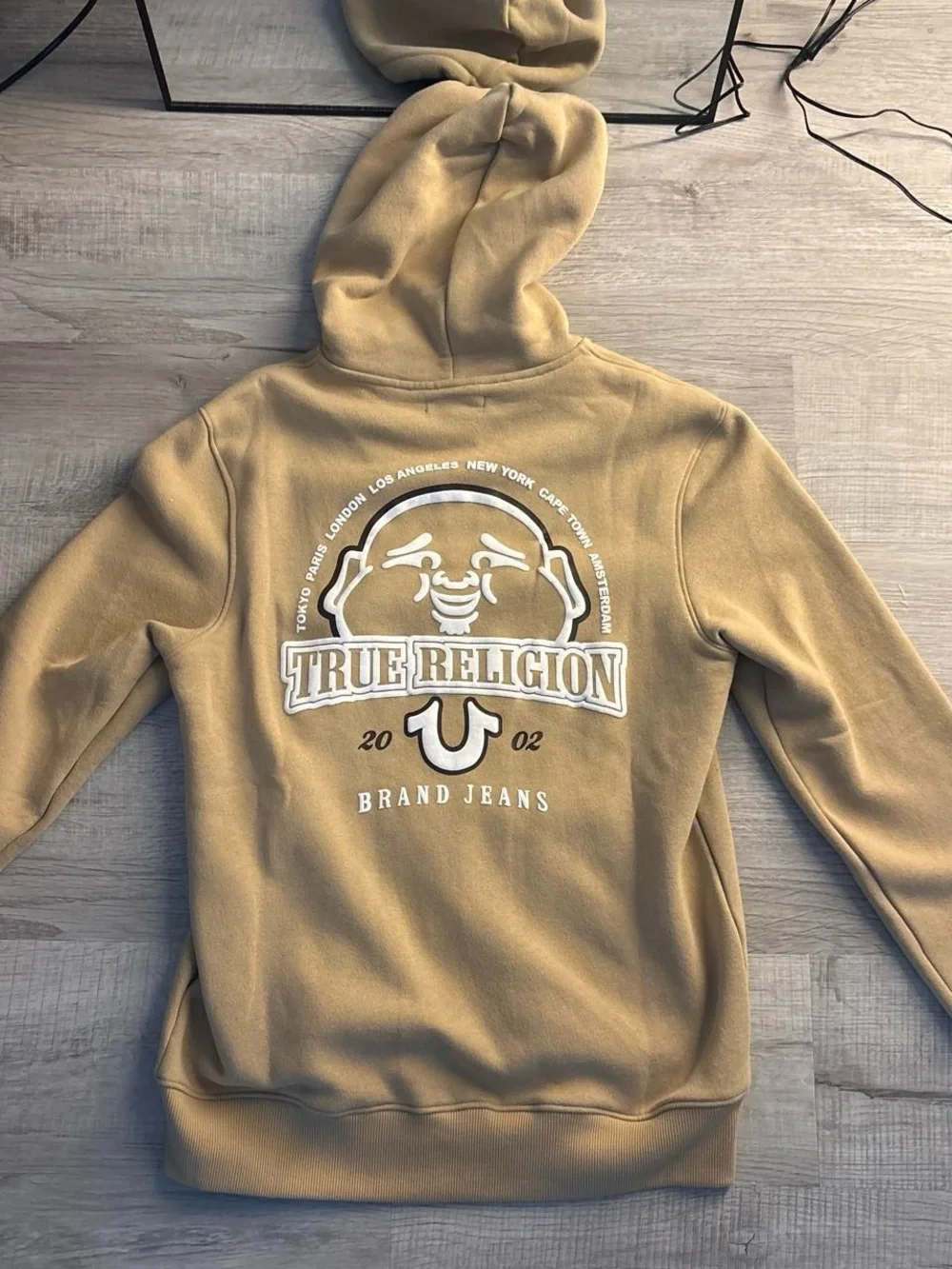 True Religion Men's Light Tan Zip-Up Hoodie with Logo
